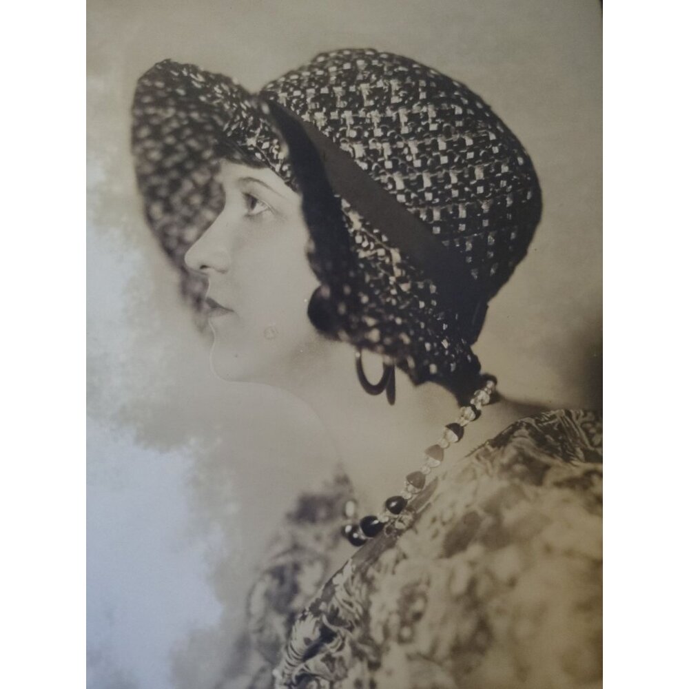 Vintage 8x10 Portrait Photograph Of Woman In Hat With Beaded Necklace & Earrings
